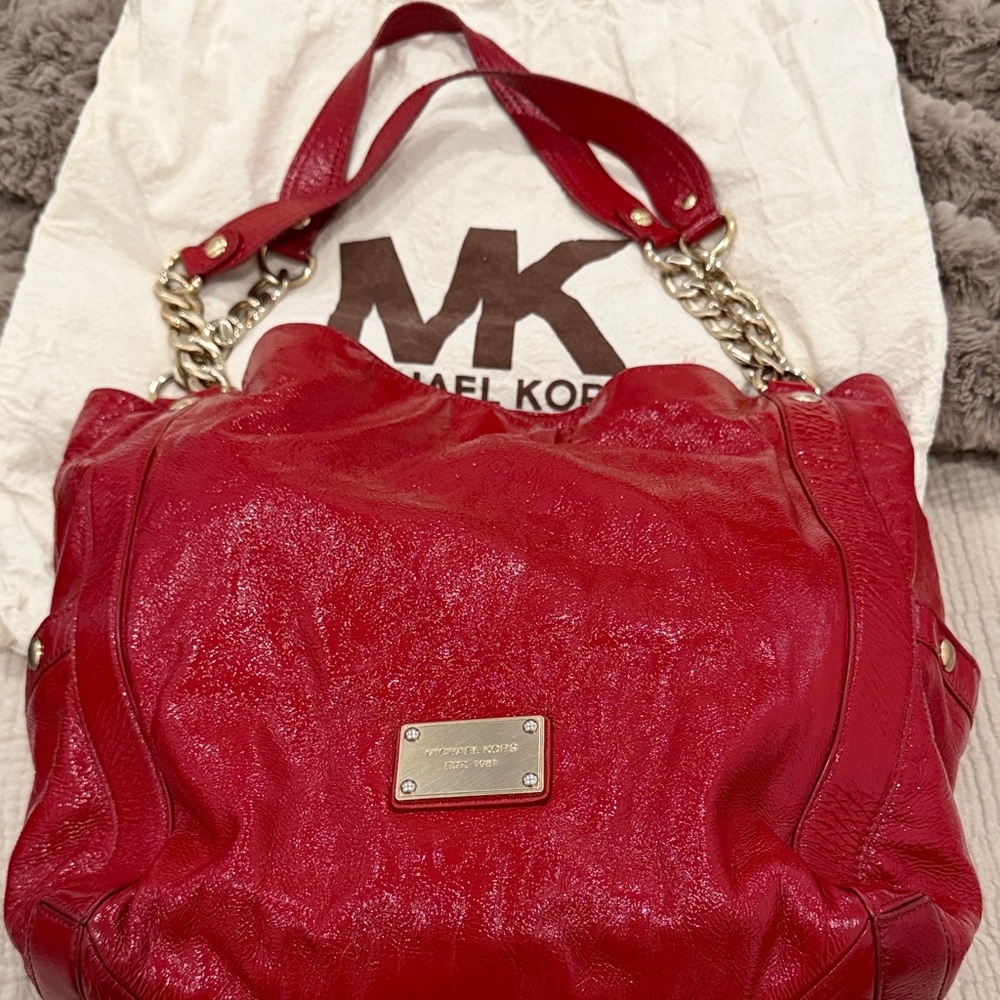 Michael Kors Red Patent Leather Shoulder Bag with Gold Accents